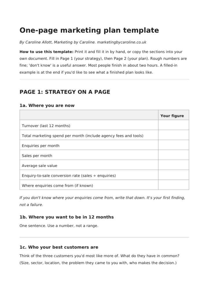 First page of the one-page marketing plan template